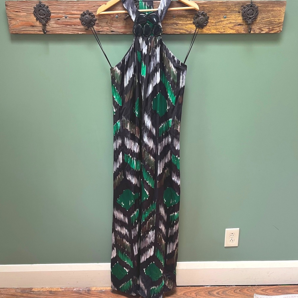Tibi New York 100% Silk Green Black‎ Ikat Halter Maxi Dress Stone Detail Size 8